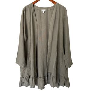 J. Jill 100% Linen Long Line‎ Open Front Ruffle Cardigan Size L